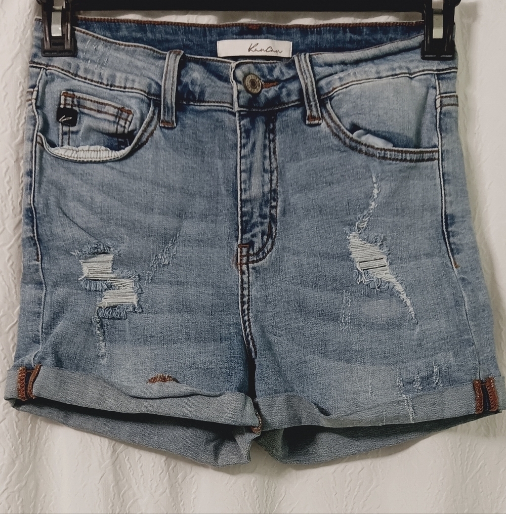 3X$25. Kancan Light Wash Distressed Rolled-Hem Denim Shorts